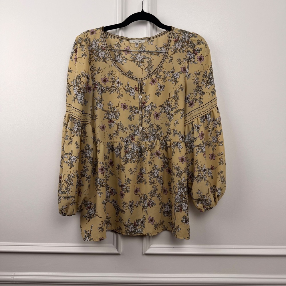Max Studio Women Yellow Floral Balloon Sleeve Babydoll Blouse V-Neck Top Medium